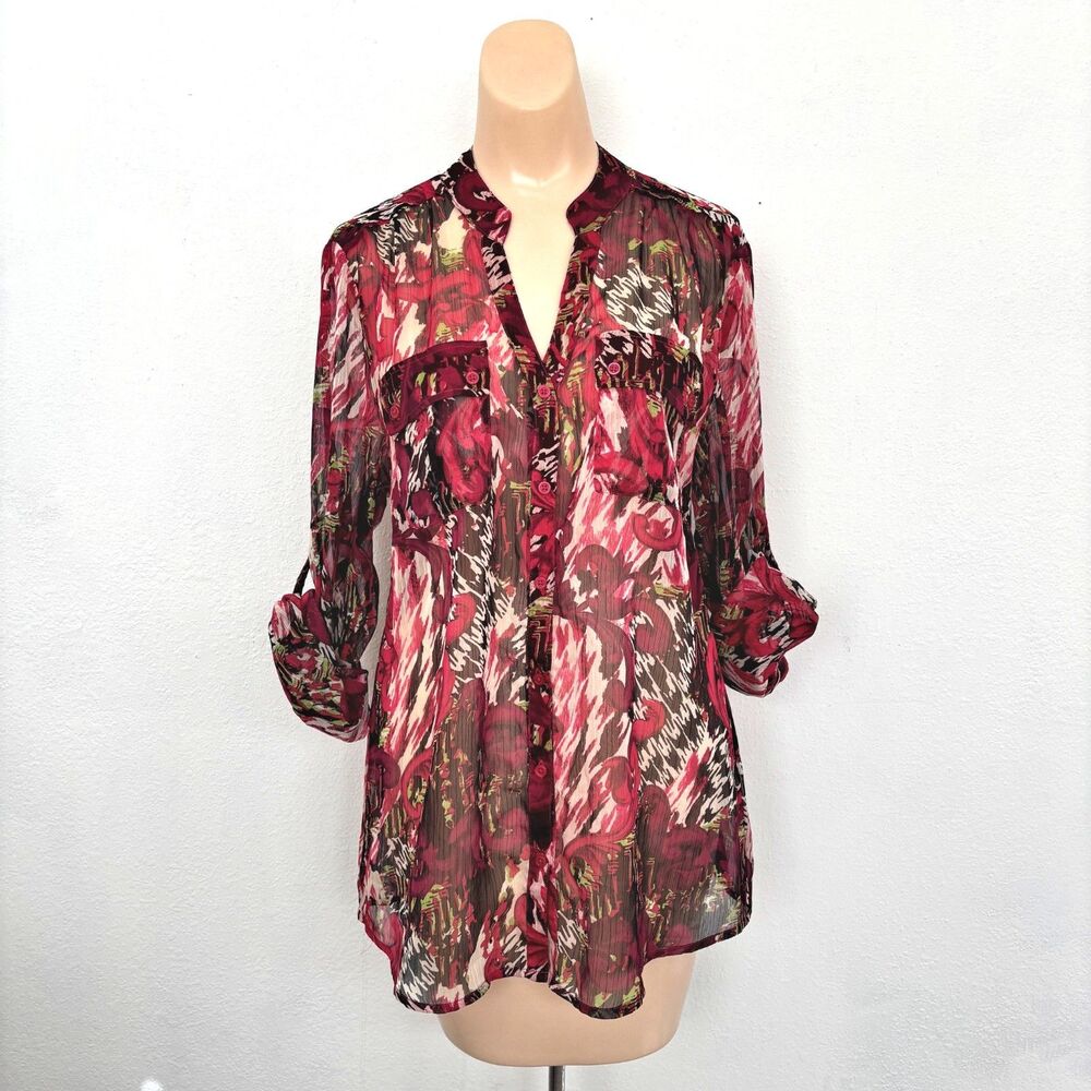 Womens Y2K Boho Maximalist Top Small Floral Semi Sheer Bold Eclectic Artsy